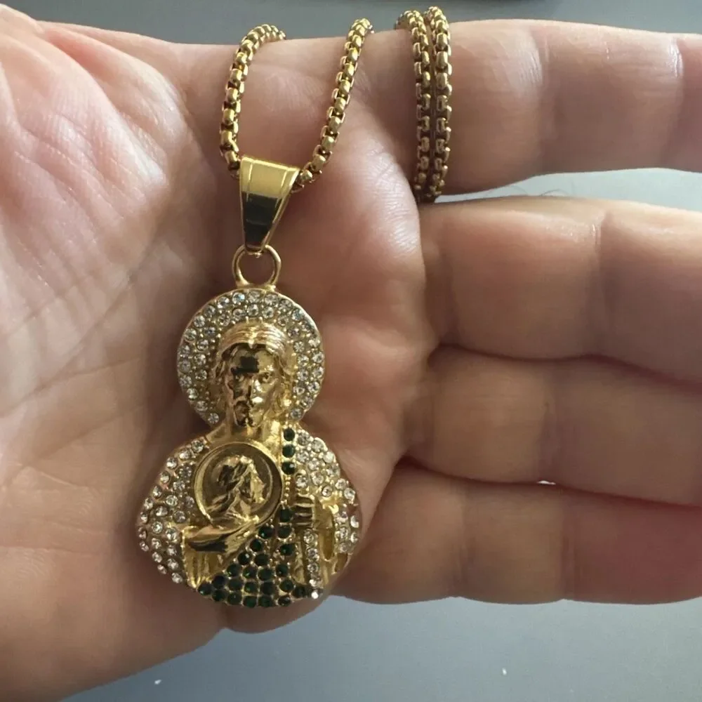 Saint Jude Thaddeus Pendant Gold Stainless Steel 24” Chain Jesus Cubic Zirconia